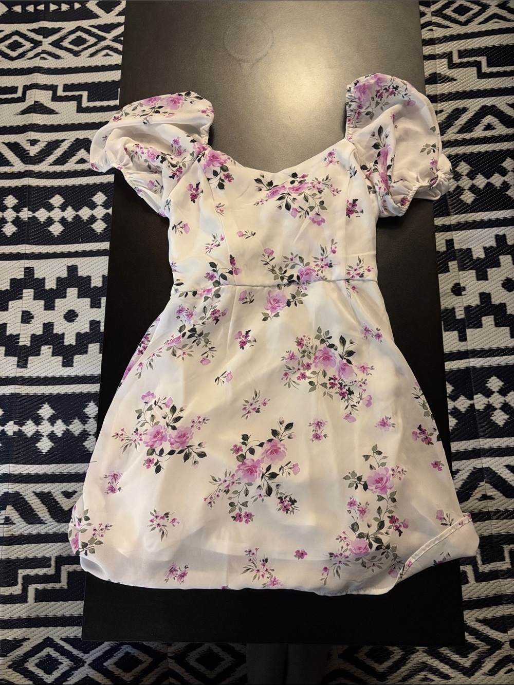 miami White Floral Puff-Sleeve Dress with Pink Blooms
